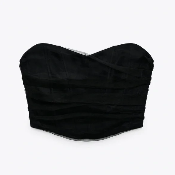 Zara CORSETRY-INSPIRED TULLE CROP TOP Black XS - Picture 3 of 15